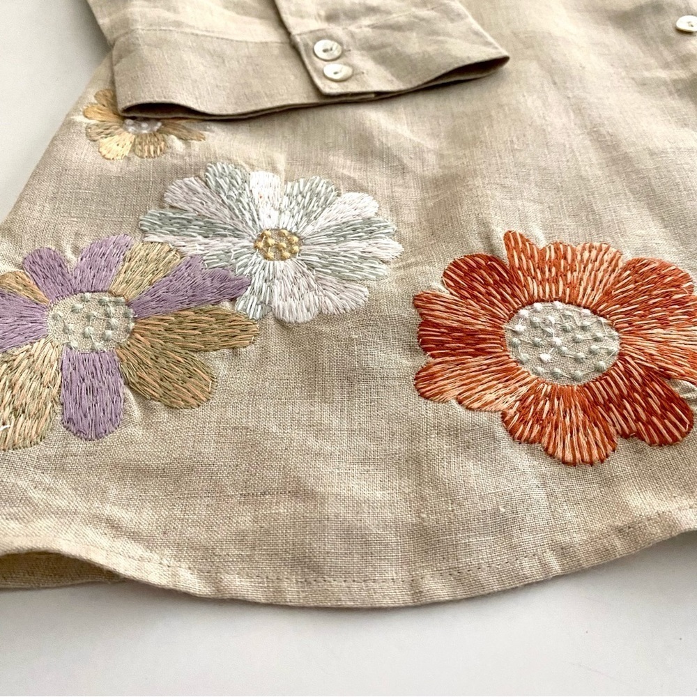 Tan Linen Button-down Top Sz Large Embroidered Floral Lagenlook Shirt Blouse - Picture 10 of 15